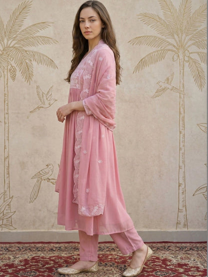Women Ethnic Motifs Embroidered Empire Chikankari Kurta with Trousers & With Dupatta