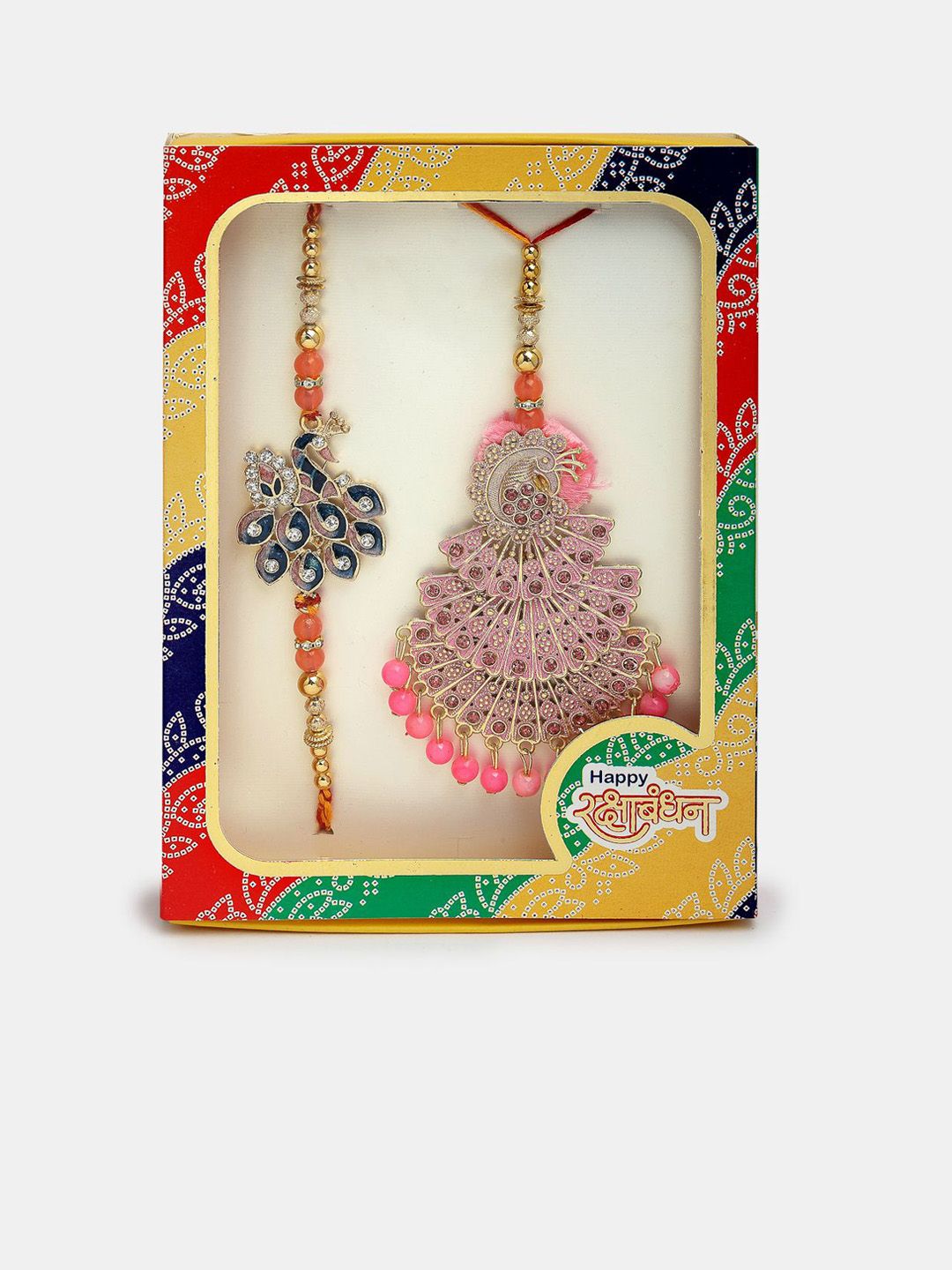 Dhiyona Unisex Set Of 2 Multicolor Peacock Design Stone & Beaded Bhaiya Bhabhi Rakhi