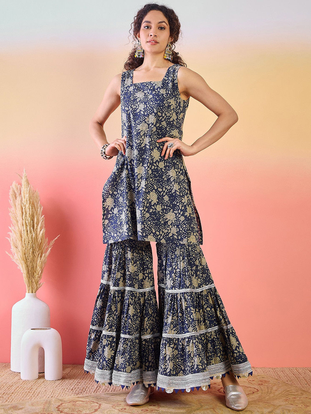 Printed Gotta Patti Square Neck Pure Cotton Anarkali Kurti With Sharara