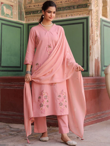 Dhiyona RR Women's Floral Embroidered Thread Work Pure Cotton Kurta With Trousers & Dupatta