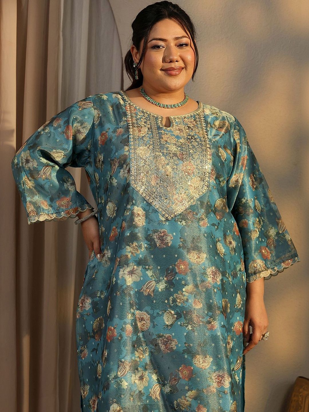 Dhiyona Women's Plus Size Floral Printed Kurta with Trousers & With Dupatta