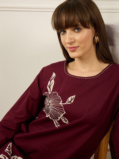 Dhiyona IE Printed Round Neck Three-Quarter Sleeves Pure Cotton Top With Trousers