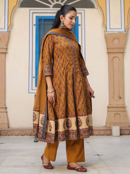 Dhiyona RR Women's Ethnic Motifs Printed Cotton Anarkali Kurta with Trousers & Dupatta