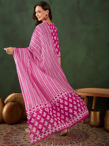 Floral Printed Pure Cotton Kurta With Trousers & Dupatta