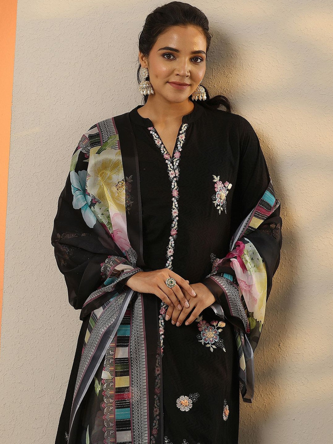 Floral Embroidered Thread Work Kurta With Trousers & Dupatta