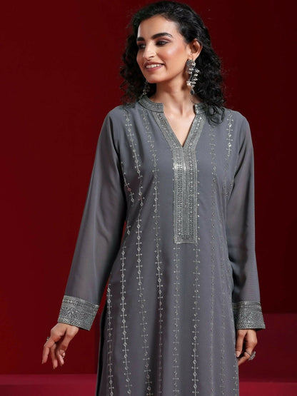 Women's LB Grey Embroidered Georgette Straight Suit With Dupatta