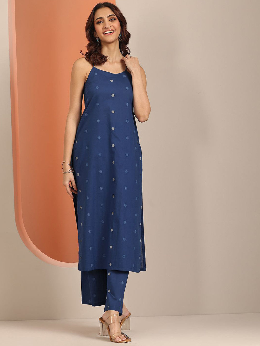 Geometric Printed Shoulder Straps Straight Kurta With Trouser