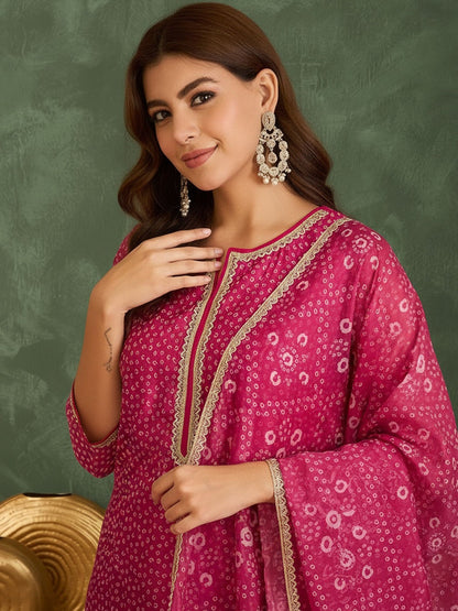 Printed Round Neck Kurta & Trousers With Dupatta