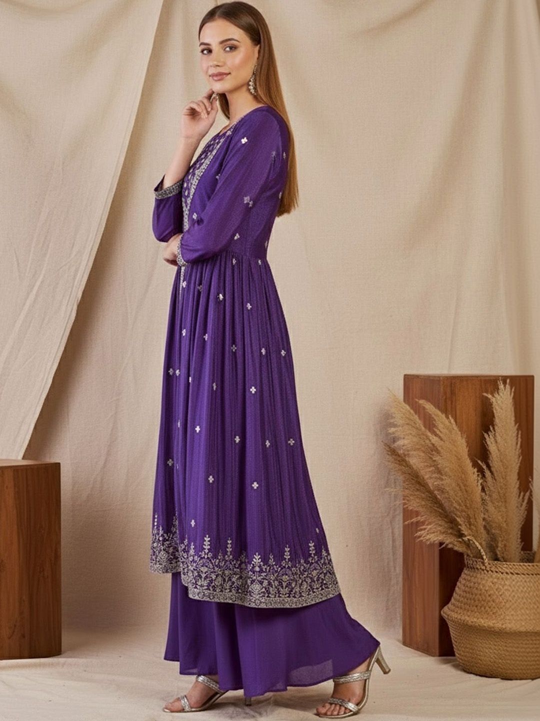 Dhiyona SN Embroidered Round Neck Kurta & Sharara Kurta Set