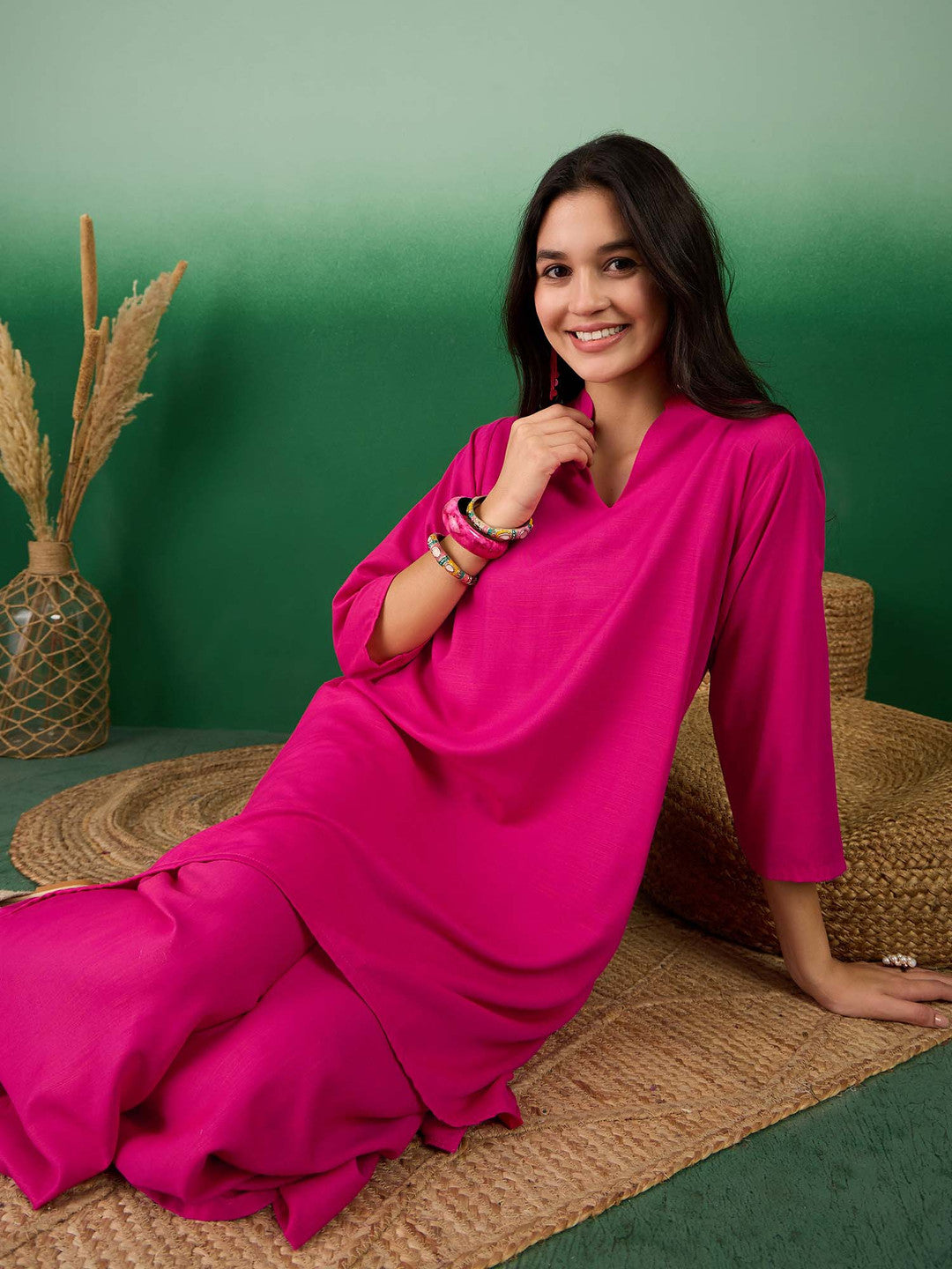 Fuchsia Mandarin Collar A-Line Kurta With Palazzo