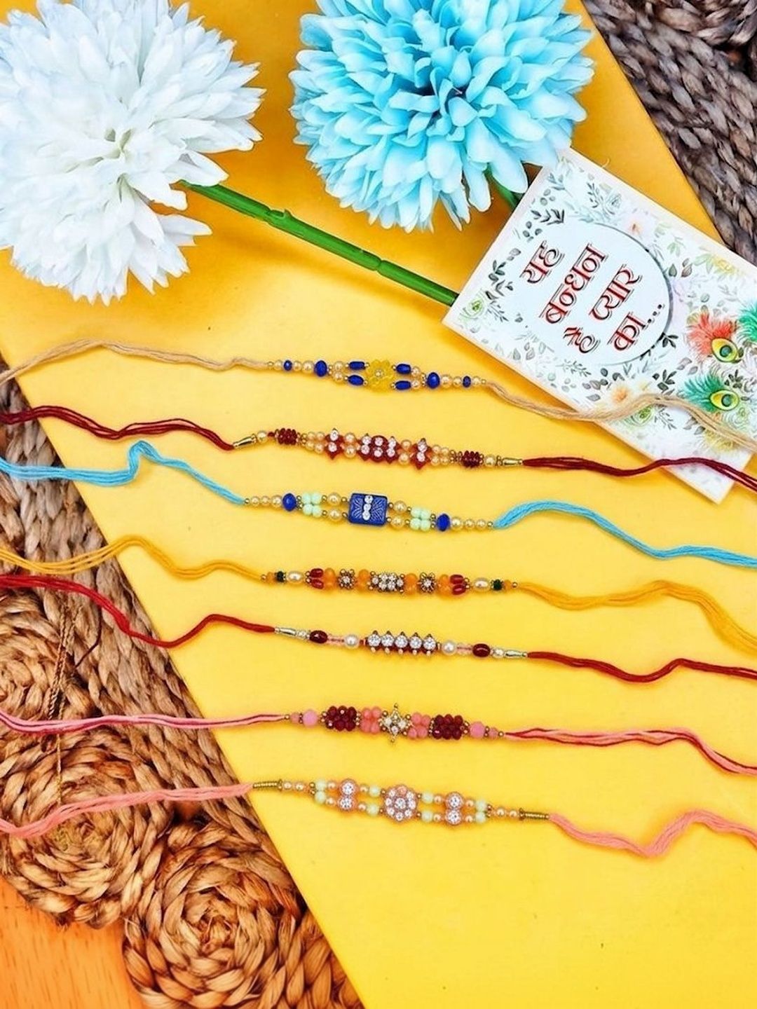 Dhiyona Set Of 7 Multicolor Designer Thread Rakhi With Roli Chawal Chandan Mishri