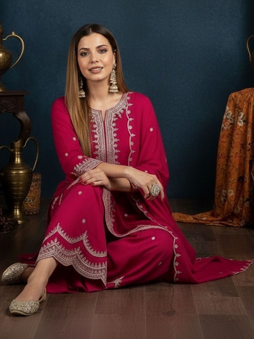 Dhiyona SN Embroidered Round Neck Straight Kurta & Sharara With Dupatta