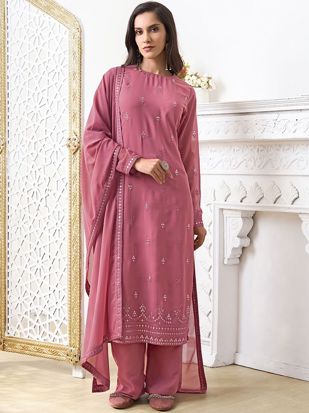 Dhiyona IN Women Ethnic Motifs Embroidered Regular Sequinned Kurta with Palazzos & With Dupatta