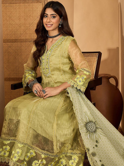Women Floral Embroidered Anarkali Kurta with Trousers & Dupatta