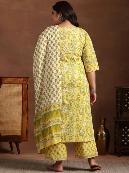 Women's LB Plus Size Yellow Printed Cotton Straight Suit With Dupatta