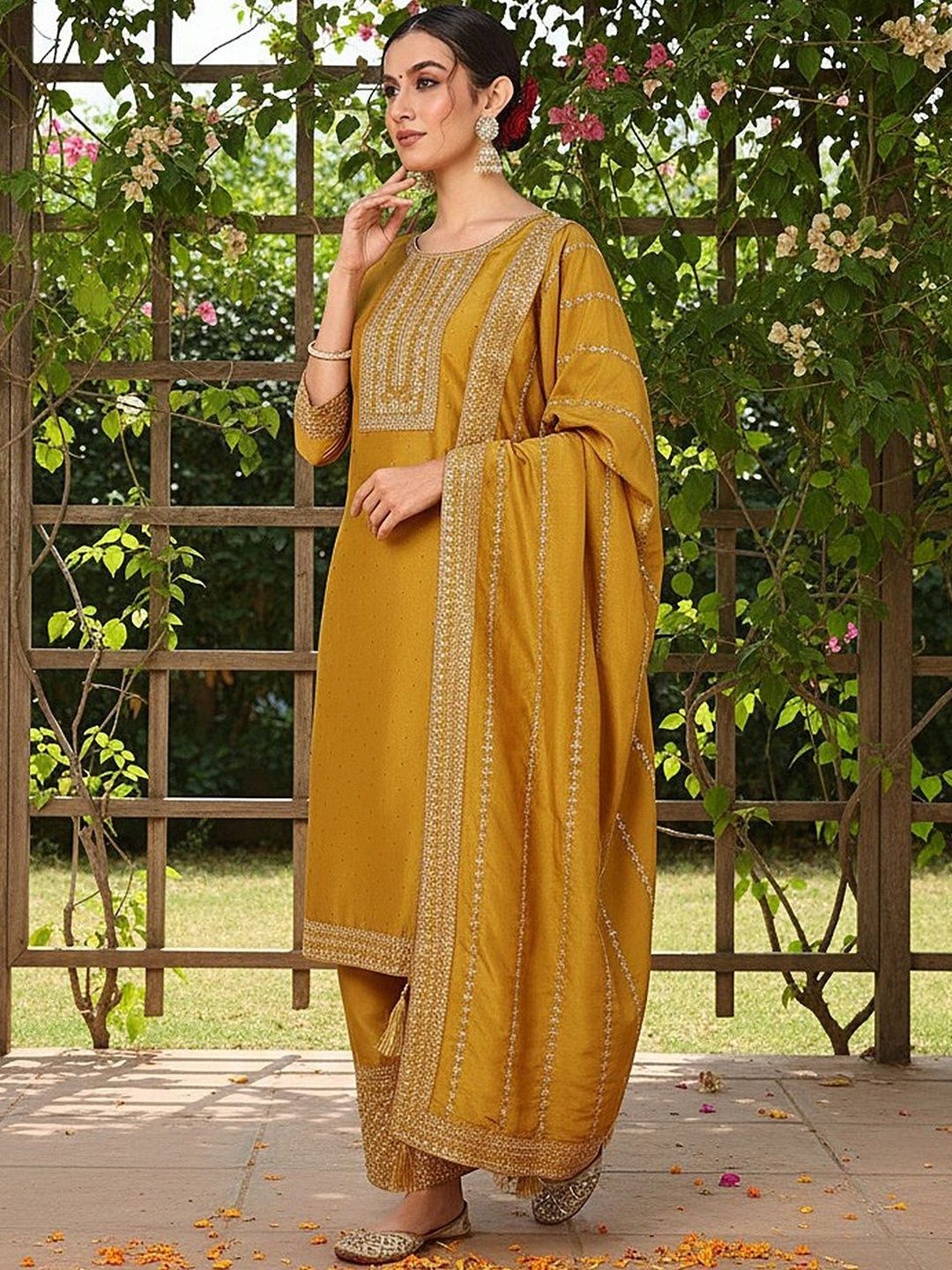 Dhiyona KL Floral Embroidered Thread Work Straight Kurta With Palazzos & Dupatta