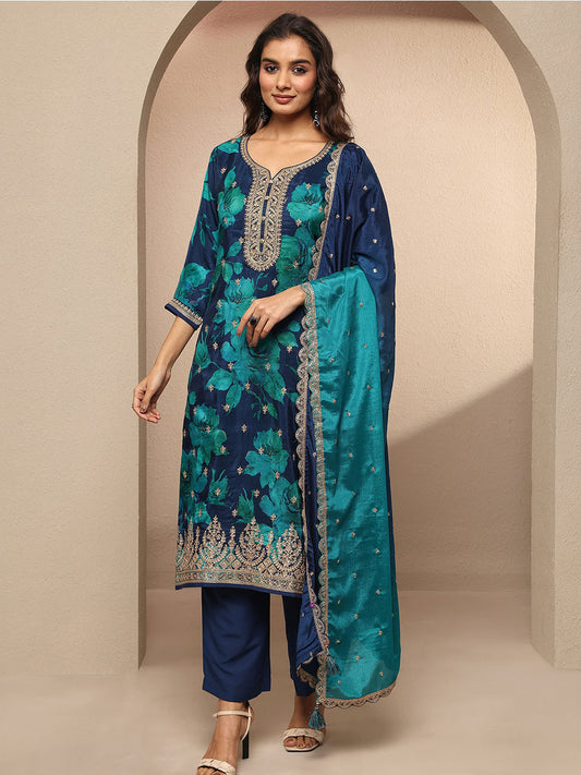 Women Floral Printed Regular Thread Work Kurta with Trousers & With Dupatta