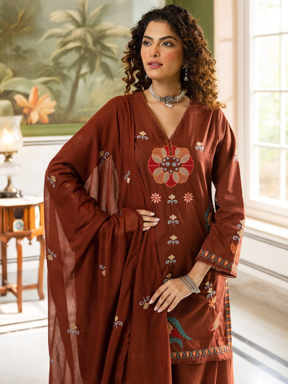 Embroidered Pure Cotton V-Neck Kurta Trousers & Dupatta