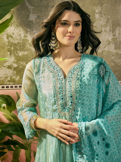 Embroidered V-Neck Kurta Trousers & Dupatta