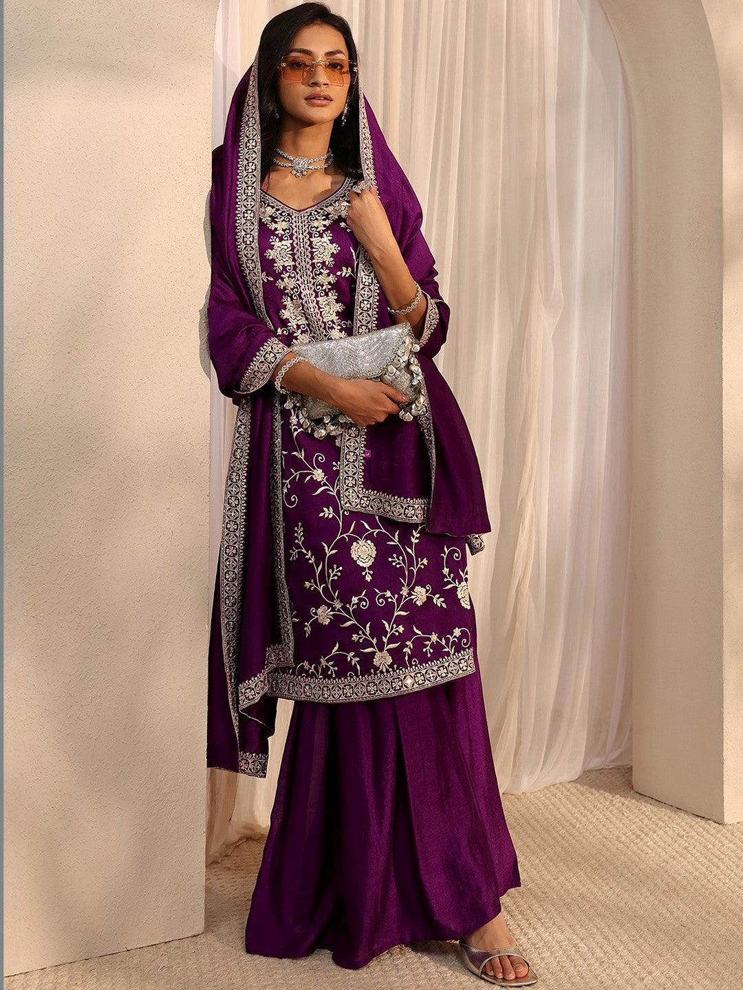 Purple Embroidered Sharara Suit Set with Dupatta