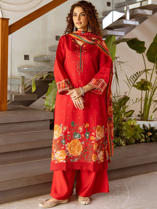 Dhiyona SN Printed & Embroidered V Neck Kurta, Palazzo & Dupatta Set