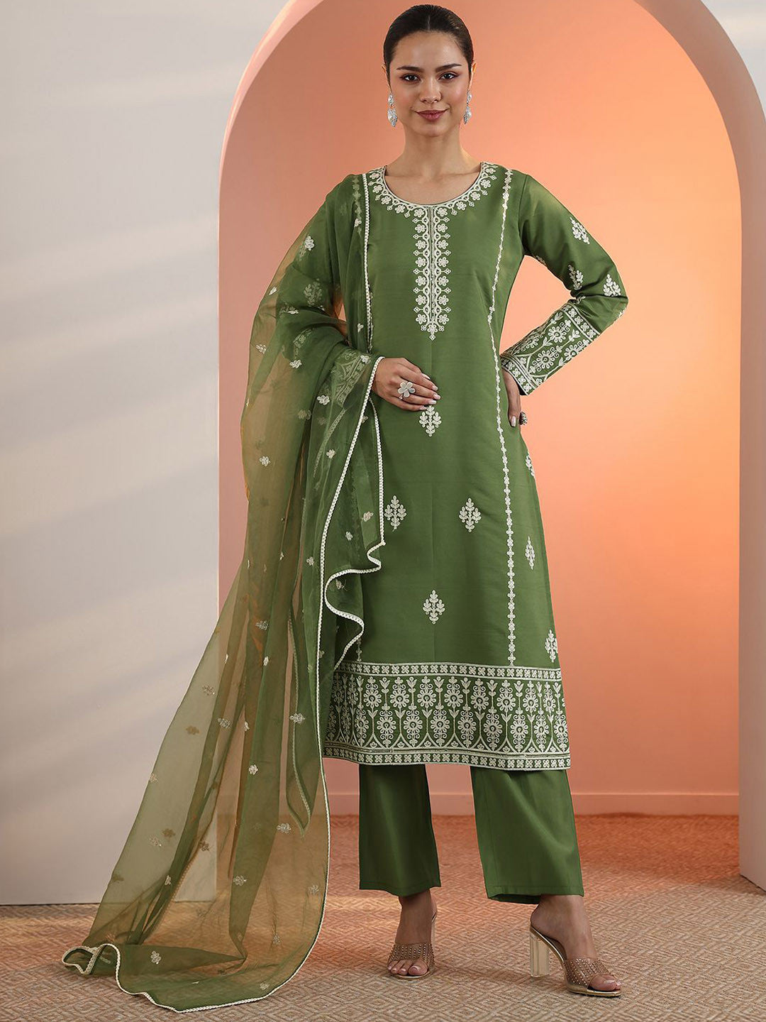 Floral Embroidered Straight Kurta With Trousers & Dupatta