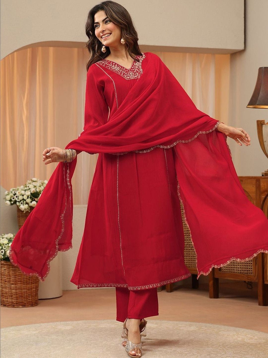 Red Embellished Yoke A-Line Suit Set