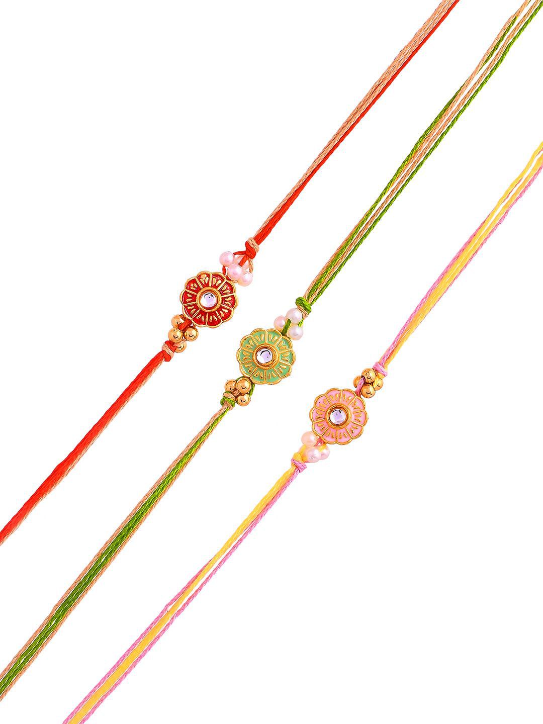 Dhiyona Red Set of 3 Kundan-Studded & Beaded Thread Rakhi