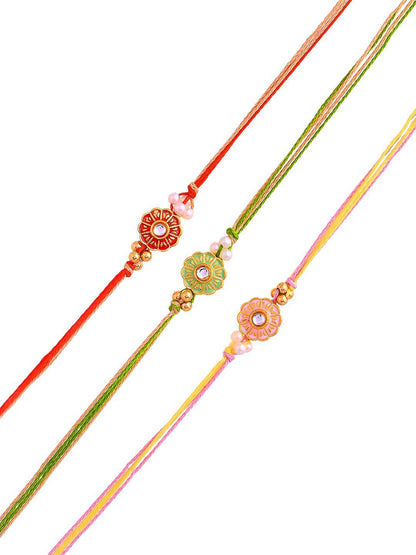 Dhiyona Red Set of 3 Kundan-Studded & Beaded Thread Rakhi