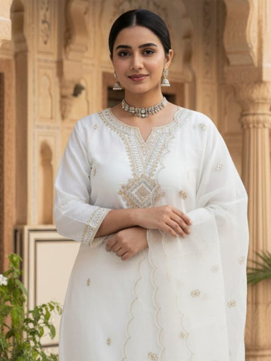 Floral Embroidered Notch Neck Sequinned Straight Kurta With Trousers & Dupatta