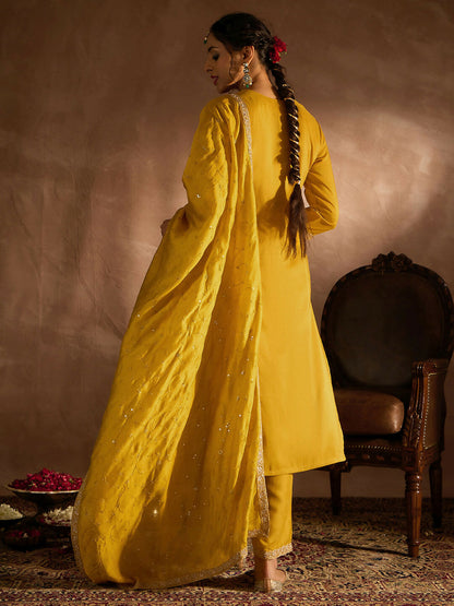 Women's Yellow Embroidered Straight Kurta Trousers With Dupatta set