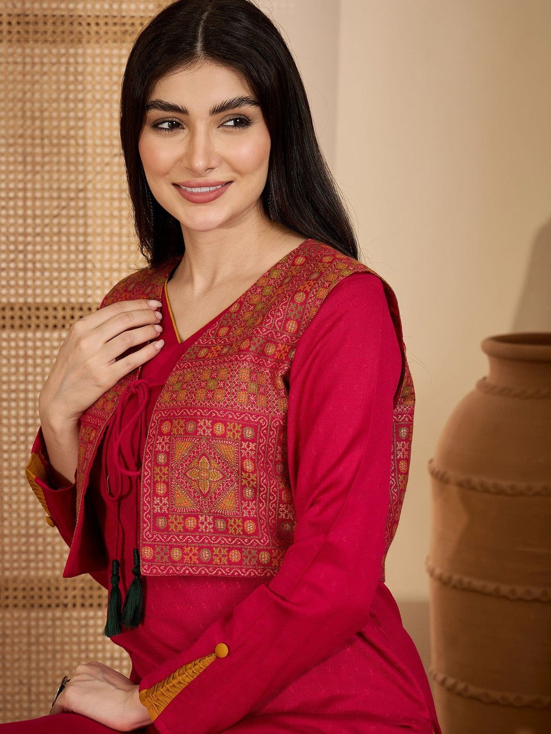 Winter Ethnic three-Piece kurta Set with Tassel-Tie Jacket