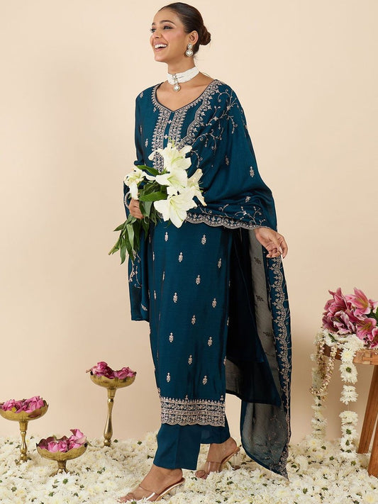Women Ethnic Motifs Embroidered Regular Thread Work Kurta with Trousers & With Dupatta