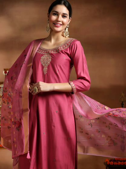 Women's LB Pink Embroidered Silk Blend Straight Suit With Dupatta