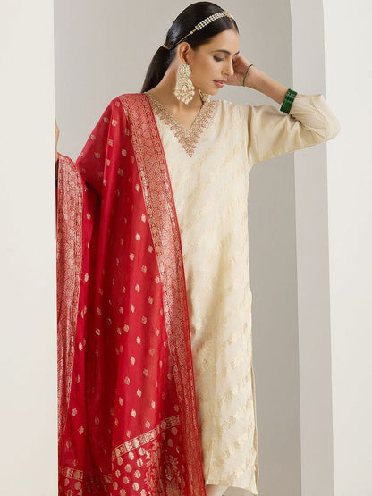 Dhiyona IS Women's White Floral Embroidered V-Neck Straight Kurta With Trousers & Dupatta