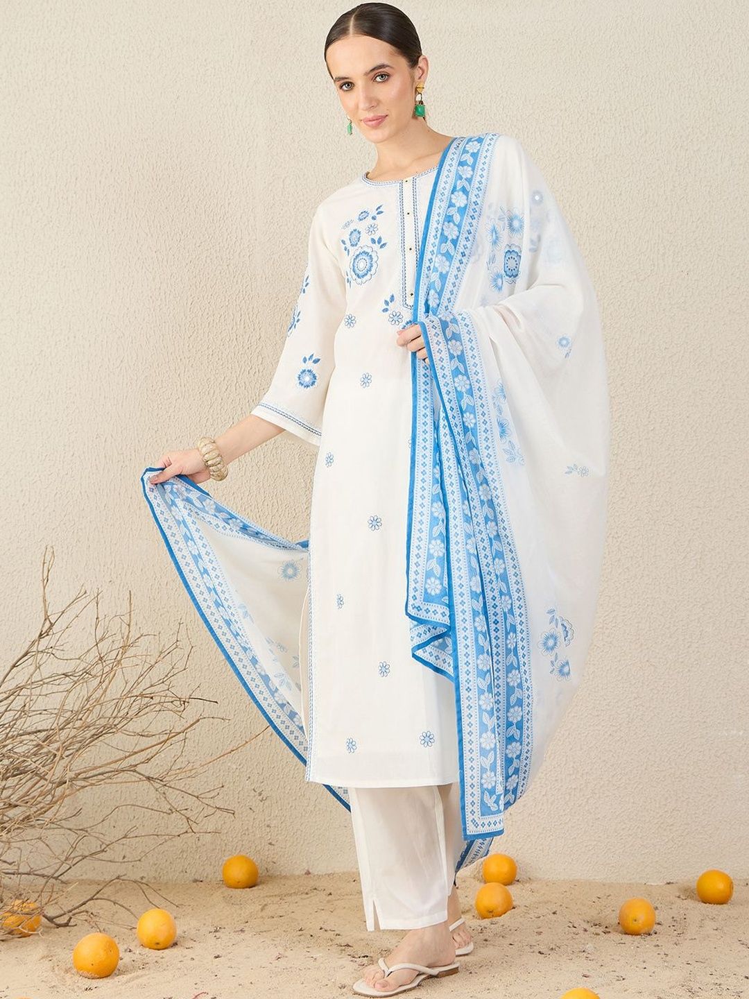Women Ethnic Motifs Embroidered Regular Pure Cotton Kurta with Trousers & Dupatta