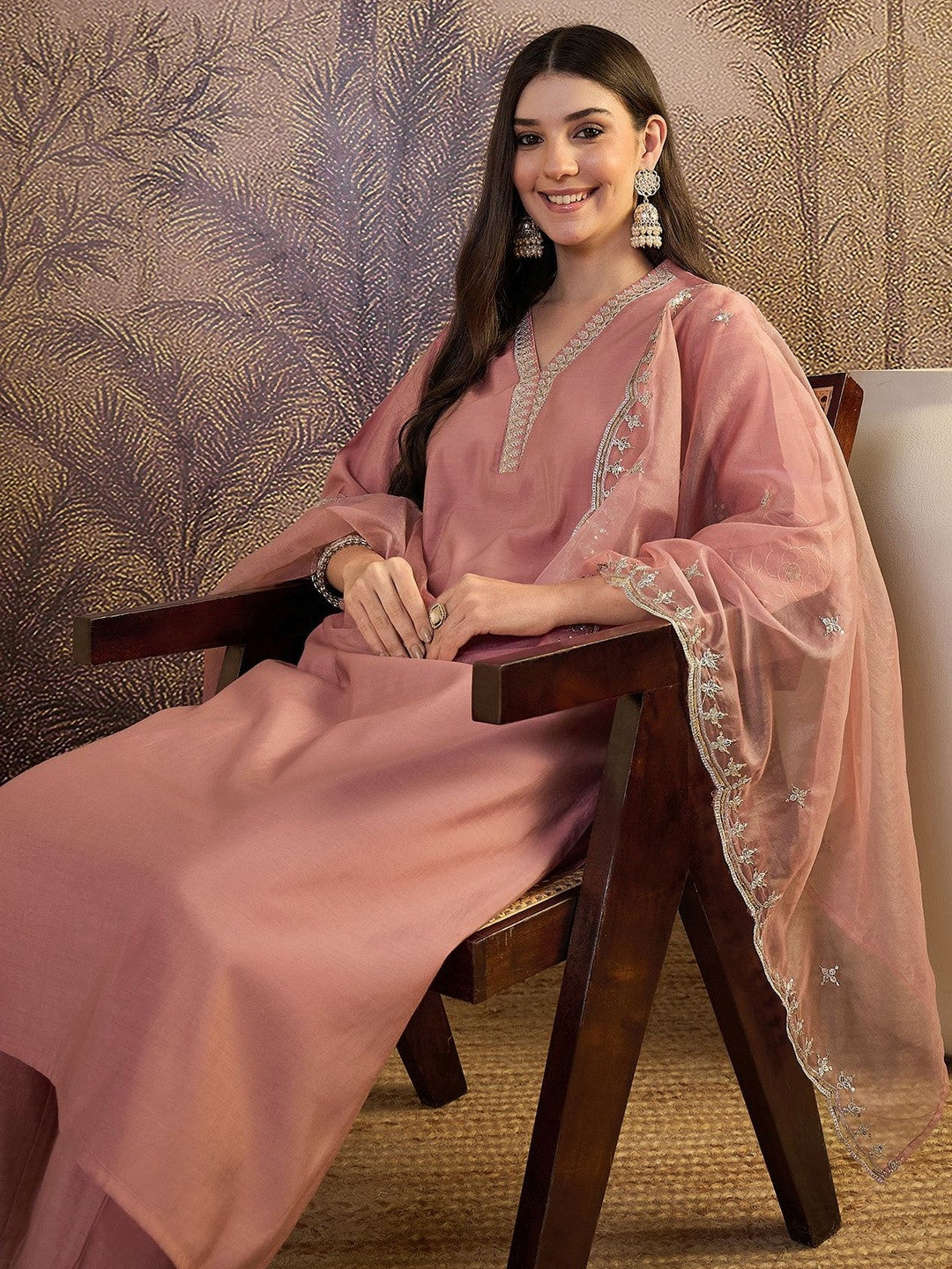 Embroidered V-Neck Kurta & Trousers Kurta Sets