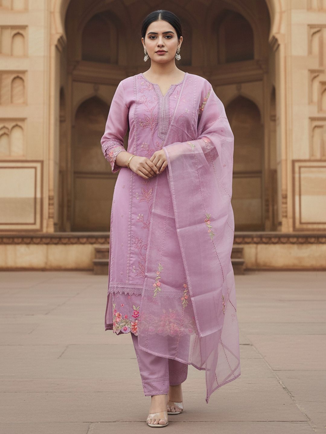 Women Floral Embroidered Regular Thread Work Kurta with Trousers & With Dupatta