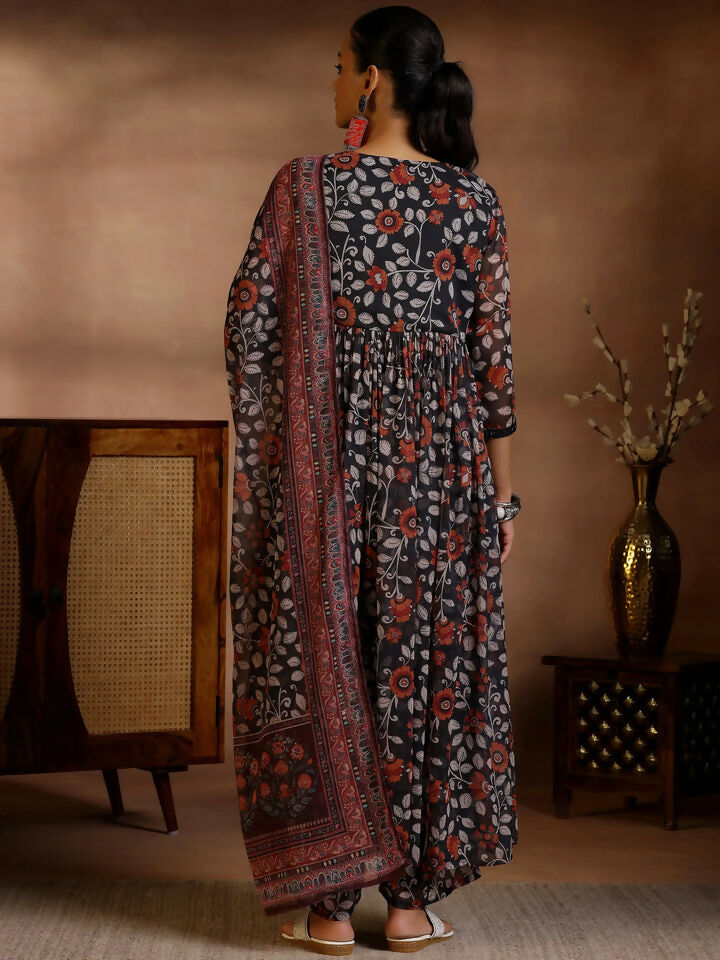 Women's LB Black Printed Poly Chiffon A-Line Kurta With Palazzos & Dupatta