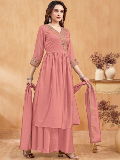 Embroidered V-Neck Kurta & Palazzos With Dupatta