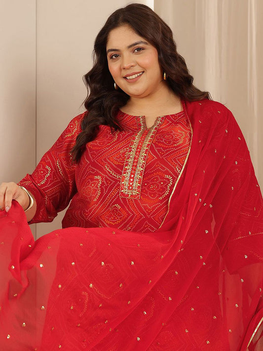 Dhiyona Women's Plus Size Bandhani Printed Regular Kurta with Trousers & Dupatta