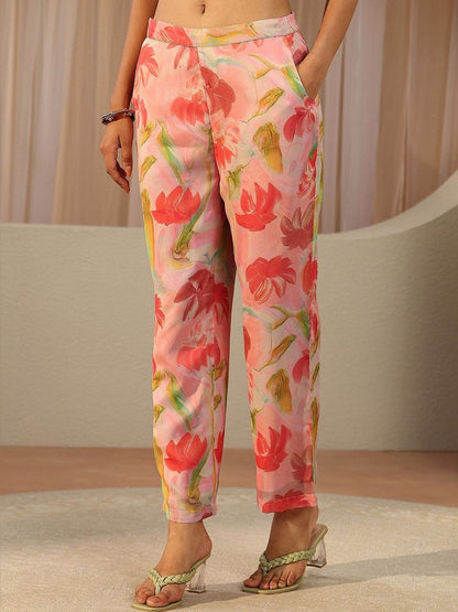 Peach Pink Floral Printed Chiffon A-line Kurta Set
