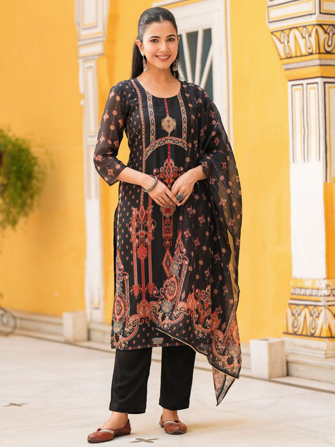 Dhiyona RR Women's Sequinned Chanderi Cotton Kurta with Trousers & Dupatta