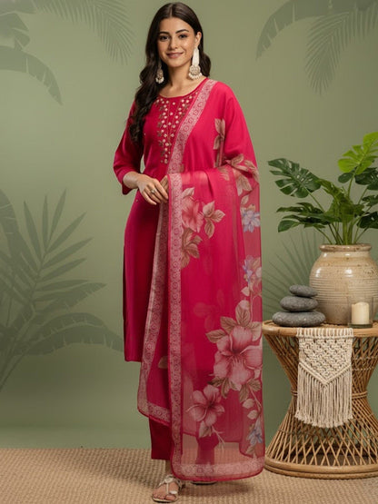 Embroidered Round Neck Kurta & Trousers With Dupatta