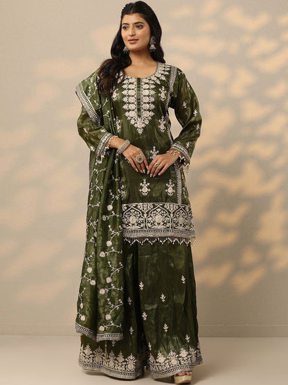 Dhiyona LL Women Ethnic Motifs Embroidered Regular Thread Work Kurta with Sharara & Dupatta