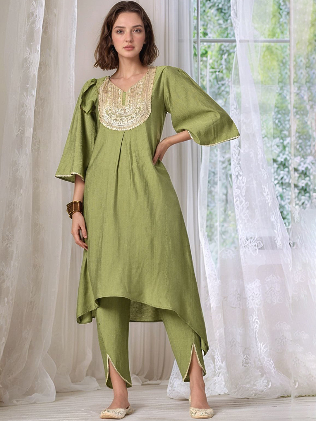 Yoke Design V-Neck A-Line Fusion Kurta With Dhoti Pants & Dupatta