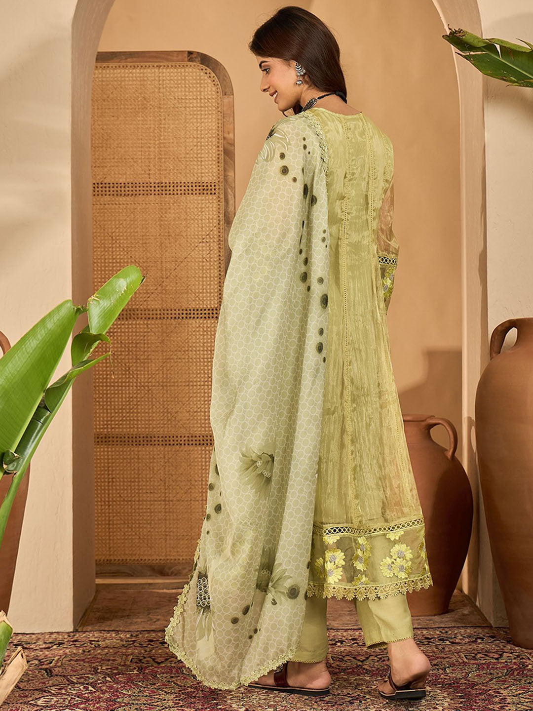 Women Floral Embroidered Anarkali Kurta with Trousers & Dupatta