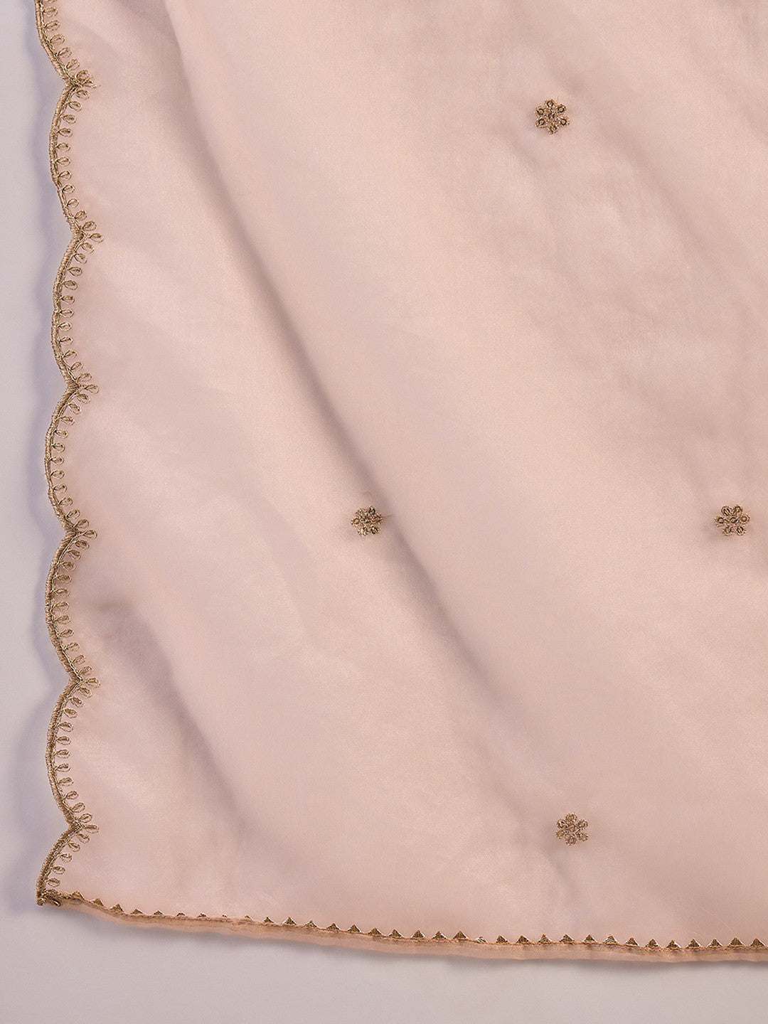 Beige Floral Yoke Design Notch Neck A-Line Kurta With Trousers And Dupatta