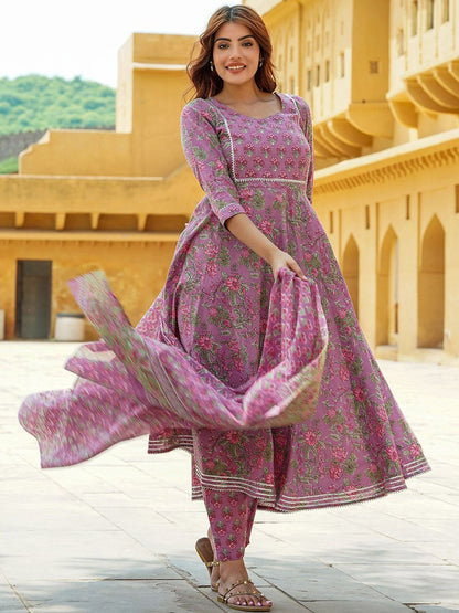 Dhiyona KL Floral Printed Gotta Patti Pure Cotton Anarkali Kurta With Trousers & Dupatta