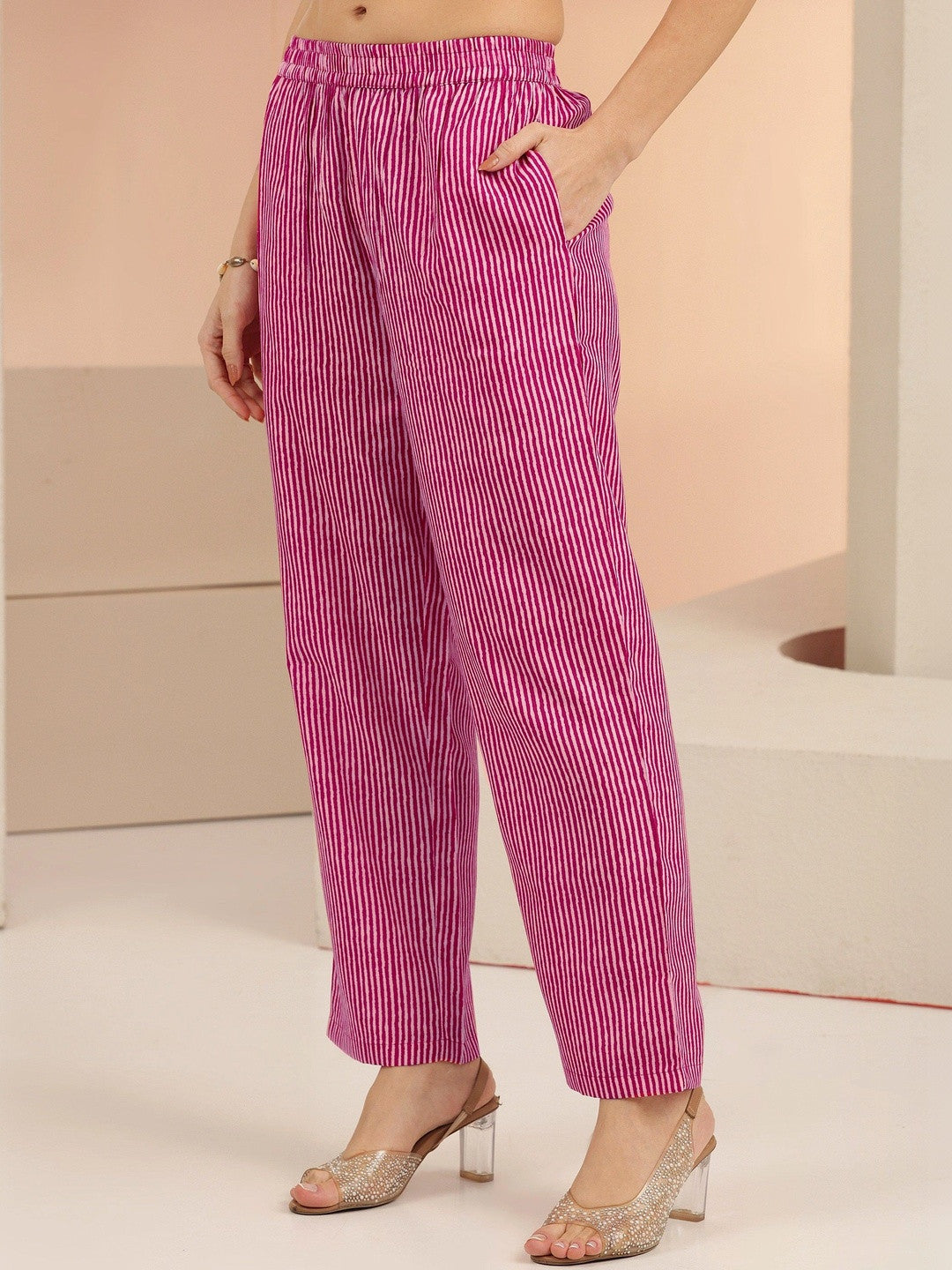 Rani Pink Floral Printed Cotton Blend Straight Suit Set